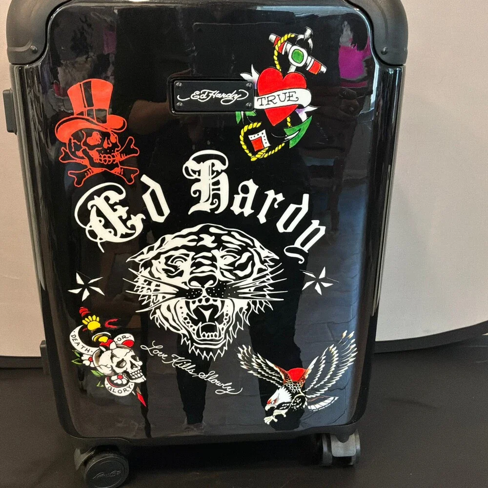Ed Hardy 20 Inch Carry-On Hardside Luggage Spinner Wheels Tattoo Print